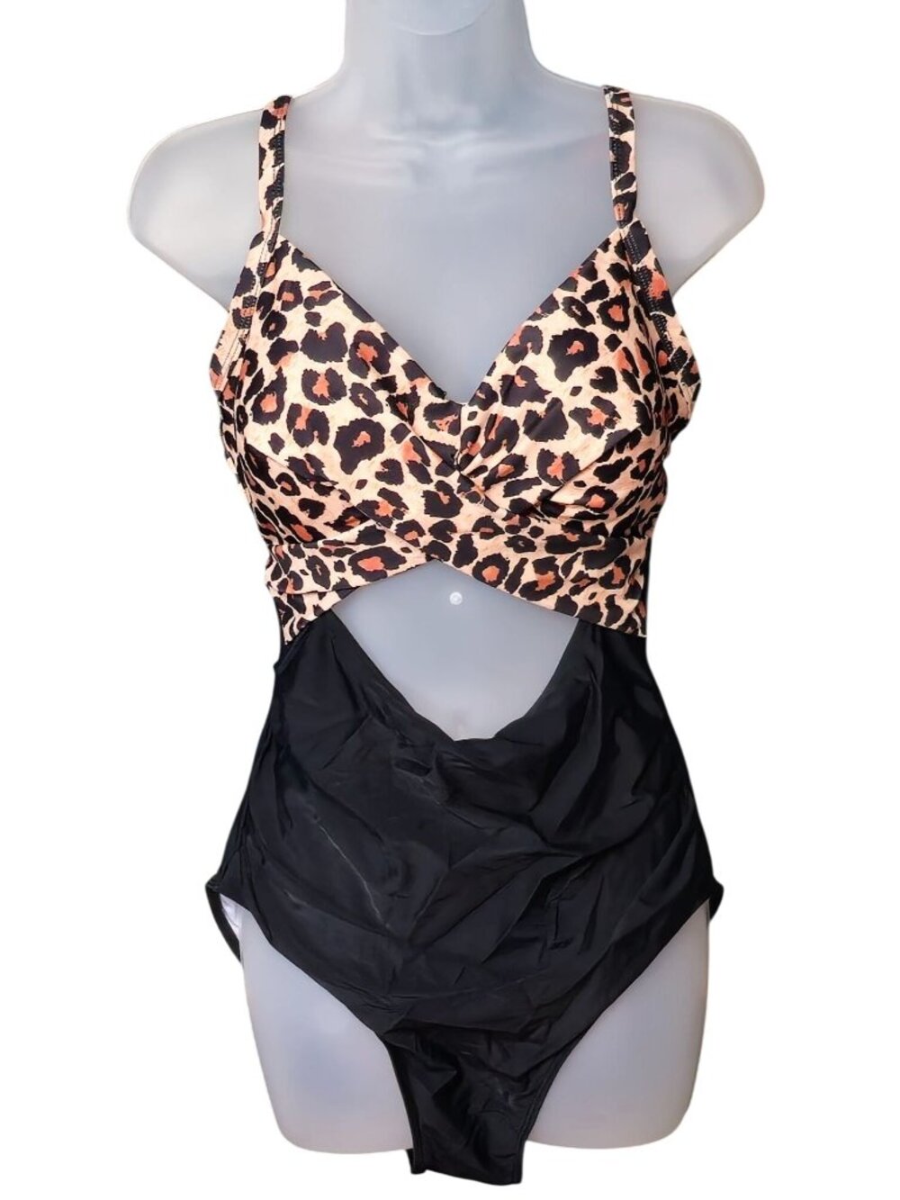 Leopard Print One Piece Swimsuit XL Cut Out Built In Bra Adjustable Straps